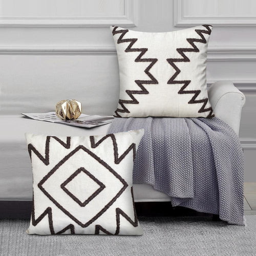 Geometric Aztec Embroidery 17 × 17 Inch Set of 2, Square Cotton Accent Throw Pillows, White, Gray Through the Urban Port