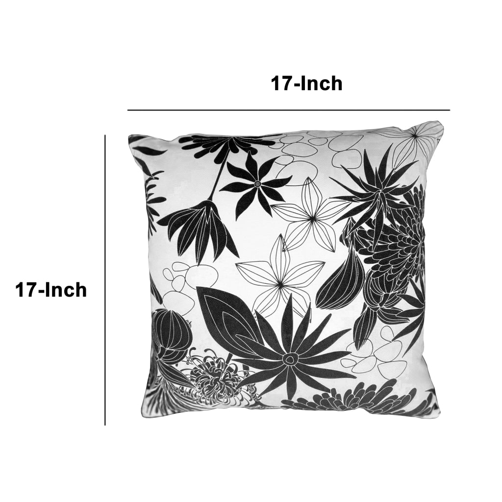 17 x 17 Inch Decorative Square Cotton Accent Throw Pillow with Classic Floral Print Black and White UPT-272778