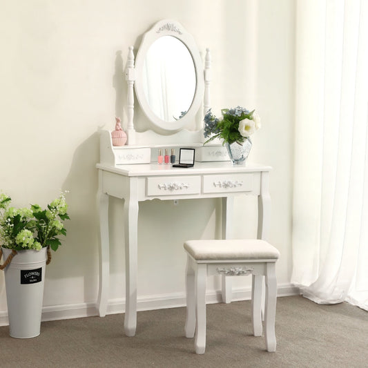 Ren 30 Inch 3 Piece Vanity Desk Set with Rotating Mirror and Matching Stool, 4 Drawers, Pure White Solid Wood By The Urban Port