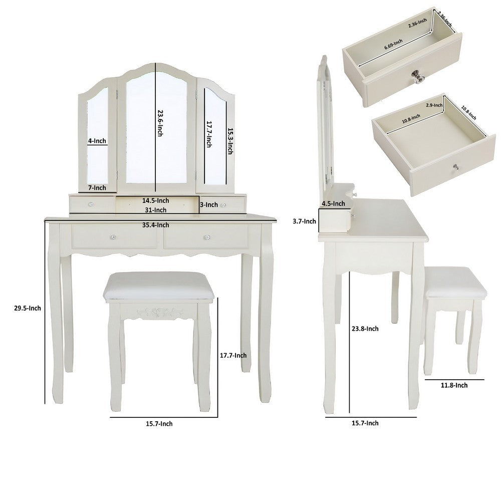35 Inch 3 Piece Vanity Desk Set with Cushioned Stool and Elegant Trifold Mirror 4 Drawers Off White Solid Wood By The Urban Port UPT-272877
