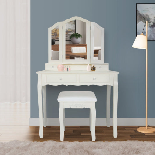 35 Inch 3 Piece Vanity Desk Set with Cushioned Stool and Elegant Trifold Mirror, 4 Drawers, Off White Solid Wood By The Urban Port