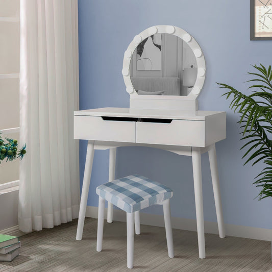 32 Inch 3 Piece Vanity Dressing Table Set with LED Mirror, 2 Drawers, Cushioned Stool, White Solid Wood By The Urban Port