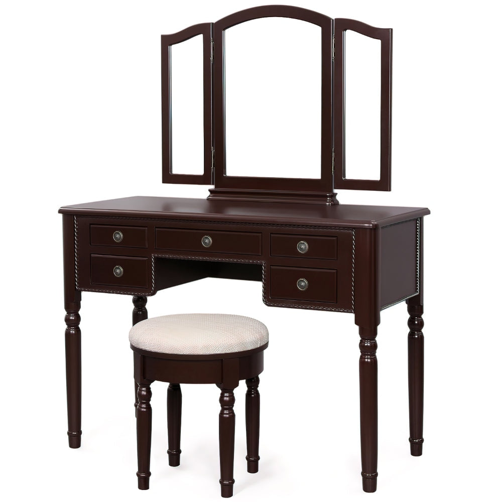43 Inch 3 Piece Vanity Desk Set with Elegant Trifold Mirror and a Cushioned Stool Espresso Brown Solid Wood By The Urban Port UPT-272880