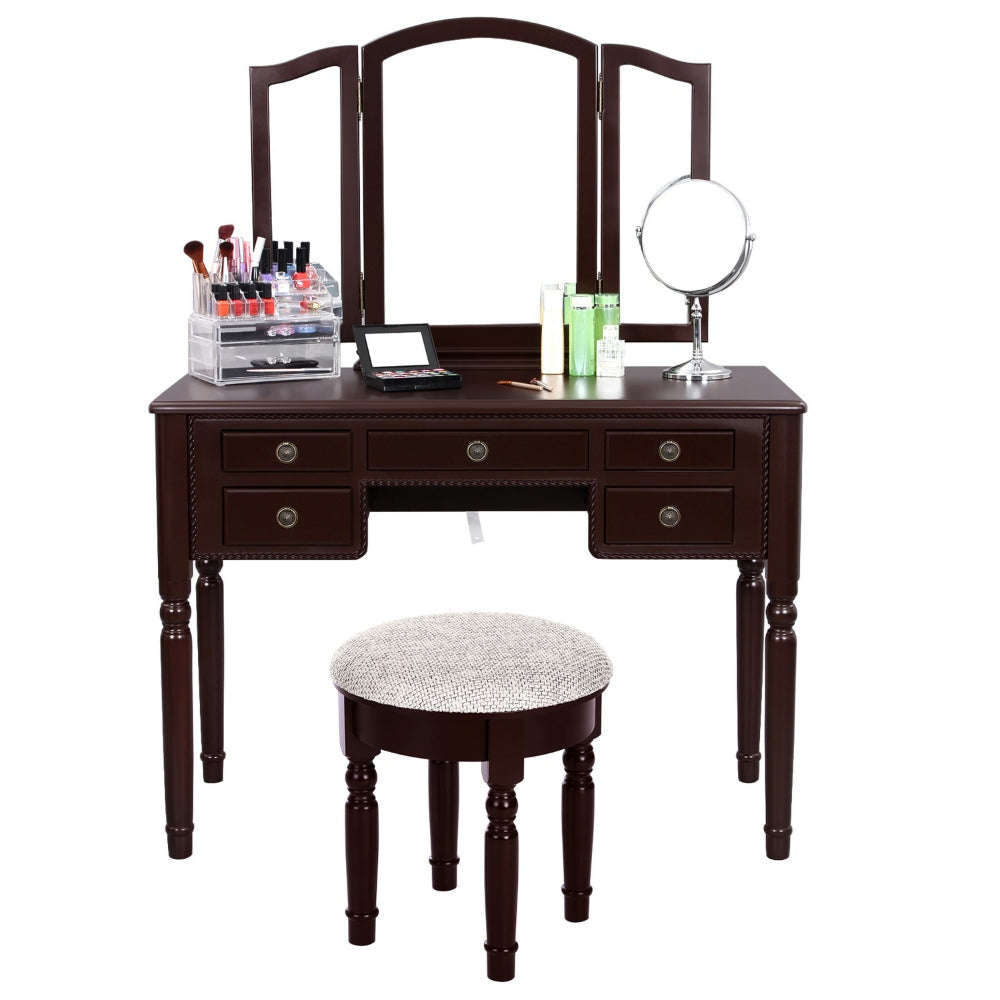 43 Inch 3 Piece Vanity Desk Set with Elegant Trifold Mirror and a Cushioned Stool Espresso Brown Solid Wood By The Urban Port UPT-272880