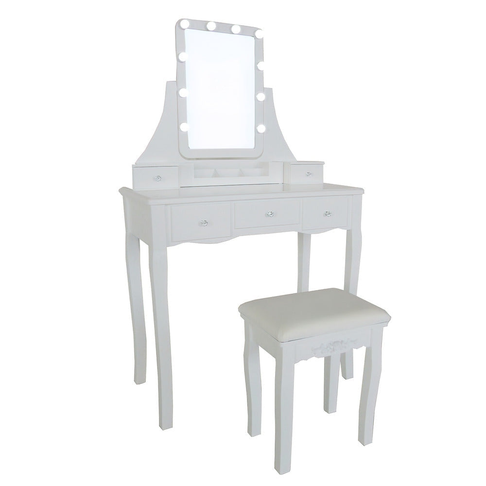 32 Inch 2 Piece Vanity Desk Set with LED Lights 5 Drawers Cushioned Stool White Solid Wood By The Urban Port UPT-272881