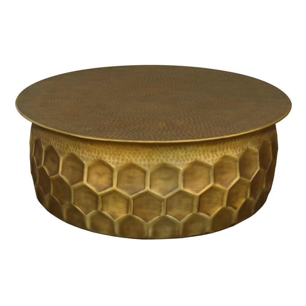 Jed 32 Inch Handcrafted Industrial Hammered Brass Round Coffee Table, Aluminum, Antique Brass By The Urban Port