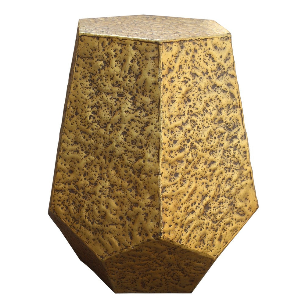 21 Inch Handcrafted Hexagonal Accent Metal End Table with Engraved Details, Aluminum, Antique Brass By The Urban Port