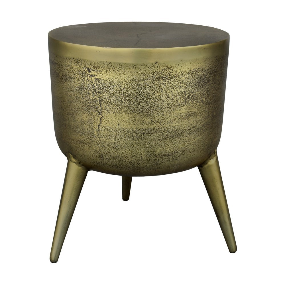 16 Inch Classic Vintage Round 3 Legs Decorative Aluminum Side End Table, Djembe Drum Shape, Antique Brass By The Urban Port