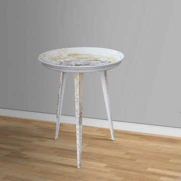 20 Inch Artisanal Industrial Round Tray Top Iron Side End Table Tripod Base Distressed White Gold By The Urban Port UPT-272887