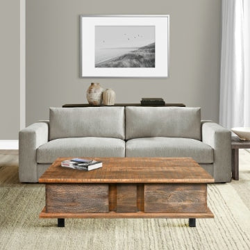 48 Inch Handcrafted Rectangular Coffee Table with 2 Drawers, Black Iron Sled Base, Rustic Natural Brown By The Urban Port