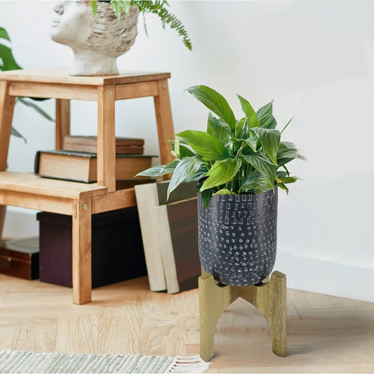 Alex 8 Inch Artisanal Metal Planter Pot with Wood Stand, Midnight Blue By The Urban Port