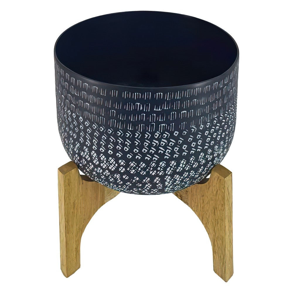 Alex 12 Inch Artisanal Industrial Round Hammered Metal Planter Pot with Wood Arch Stand, Midnight Blue By The Urban Port