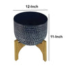 Alex 12 Inch Artisanal Industrial Round Hammered Metal Planter Pot with Wood Arch Stand Midnight Blue By The Urban Port UPT-272901