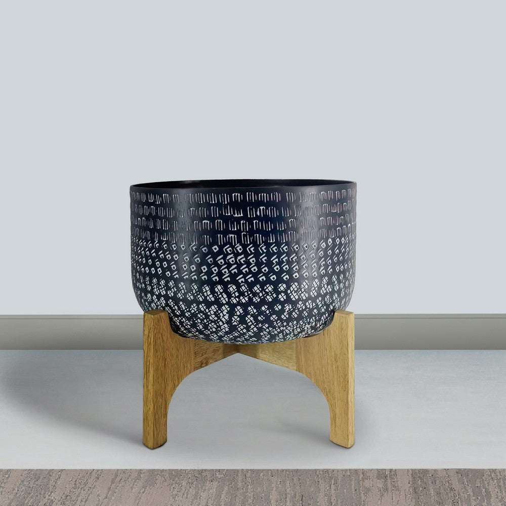 Alex 12 Inch Artisanal Industrial Round Hammered Metal Planter Pot with Wood Arch Stand Midnight Blue By The Urban Port UPT-272901
