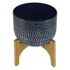 Alex 12 Inch Artisanal Industrial Round Hammered Metal Planter Pot with Wood Arch Stand, Midnight Blue By The Urban Port