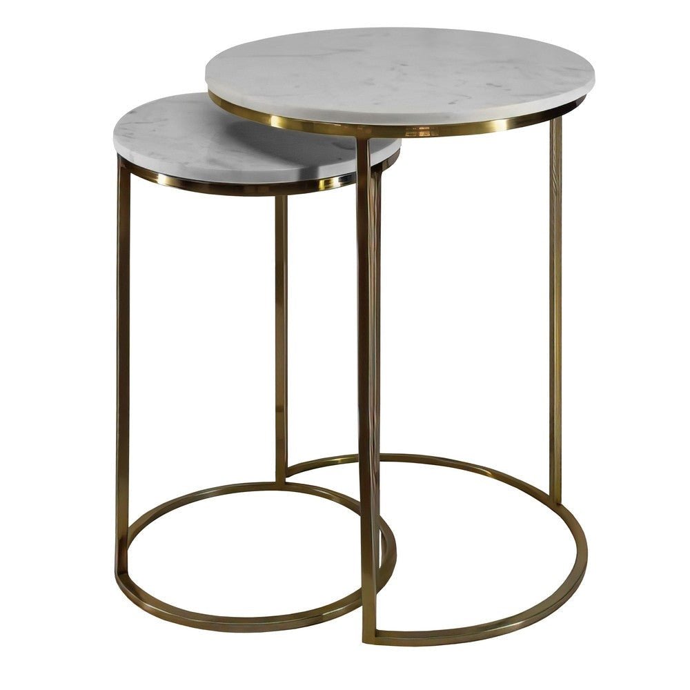 21, 18 Inch Transitional Style Round Marble Top Nesting End Table, Set of 2, Metal Frame, White, Brass By The Urban Port
