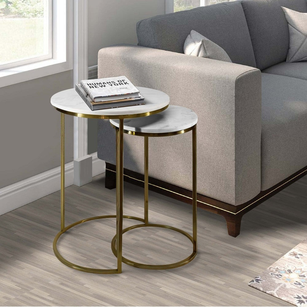 21, 18 Inch Transitional Style Round Marble Top Nesting End Table, Set of 2, Metal Frame, White, Shiny Brass By The Urban Port