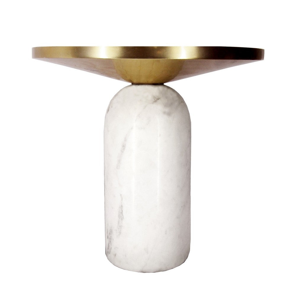 17 Inch Round Brass Modern Accent End Table with Cylindrical Marble Base Brass White By The Urban Port UPT-272904