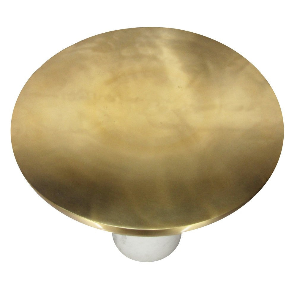 17 Inch Round Brass Modern Accent End Table with Cylindrical Marble Base Brass White By The Urban Port UPT-272904
