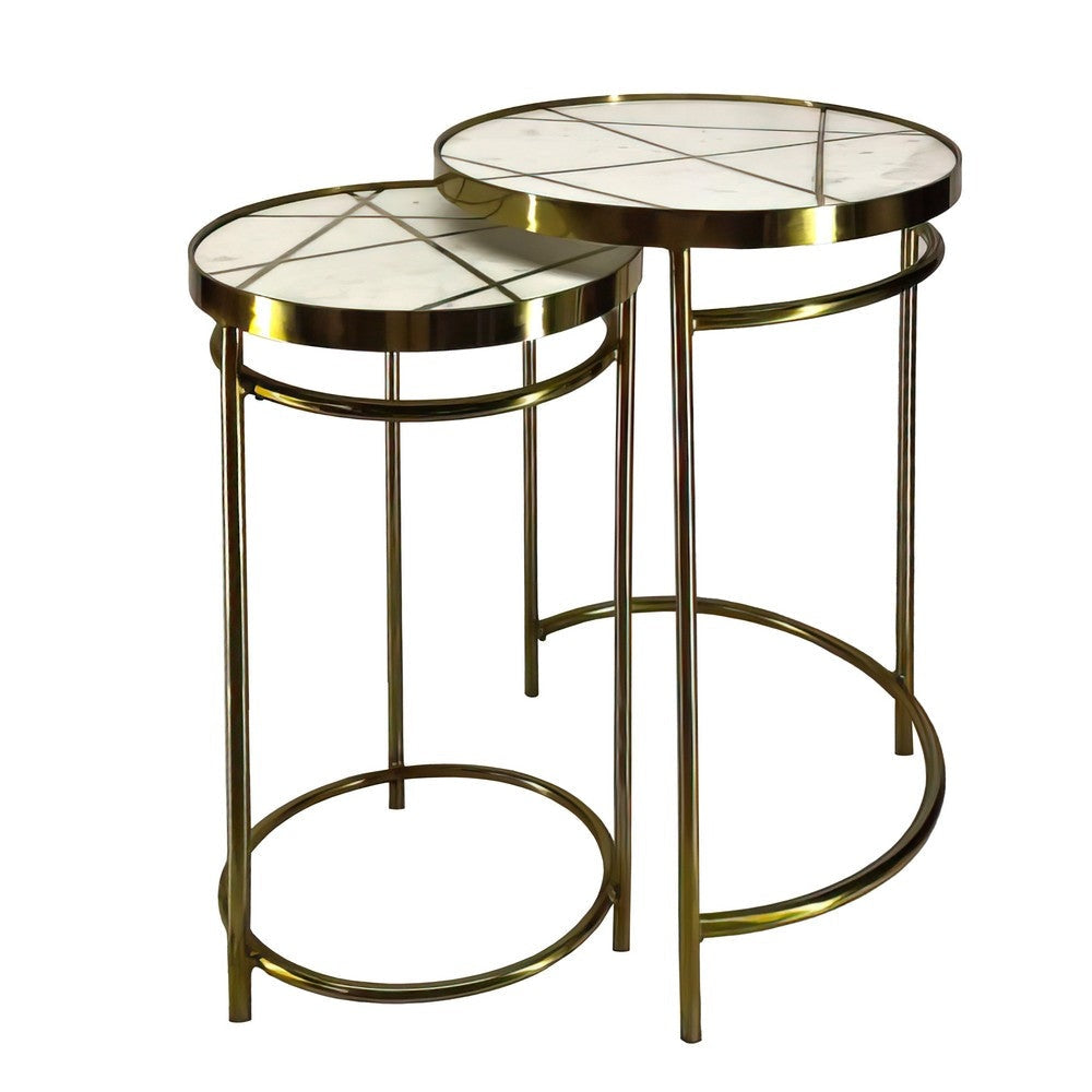 22, 20 Inch Round 2 Piece Marble Top Nesting End Table Set with Metal Frame, Brass Inlay, White By The Urban Port