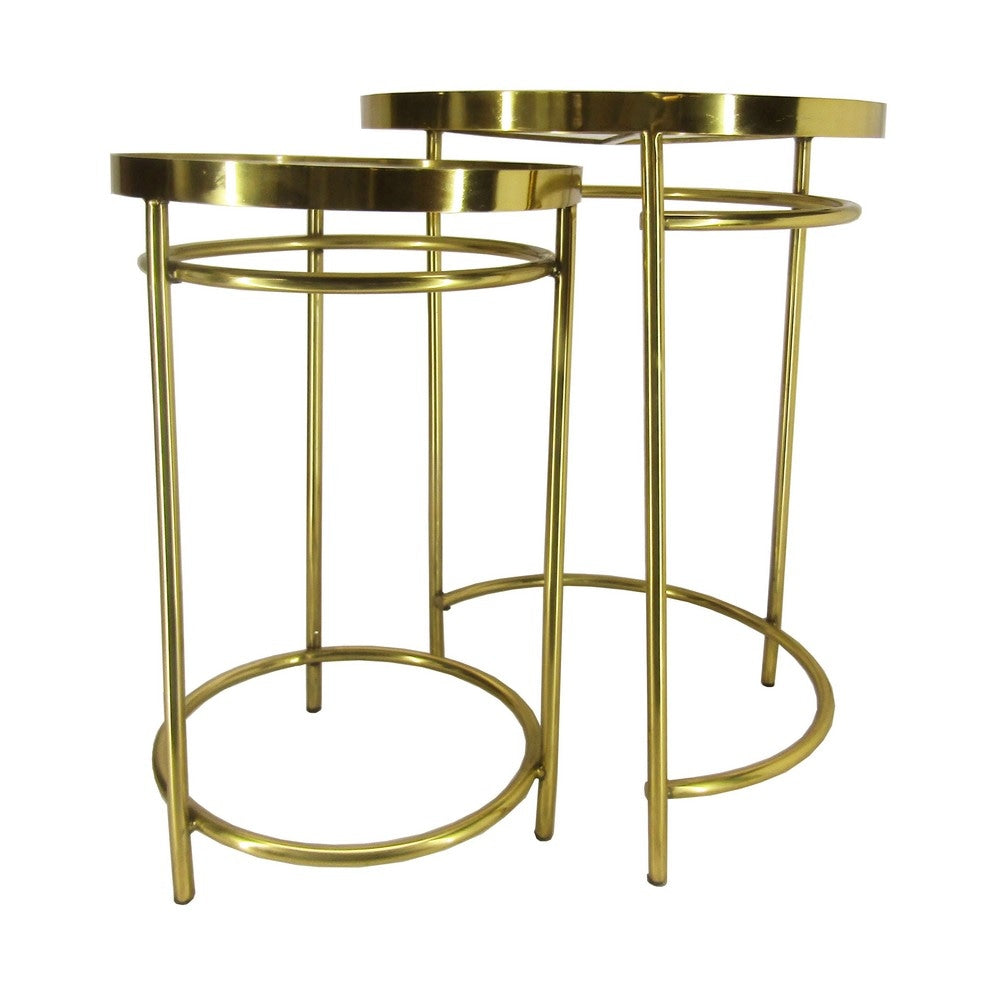 22 20 Inch Round 2 Piece Marble Top Nesting End Table Set with Metal Frame Brass Inlay White By The Urban Port UPT-272905