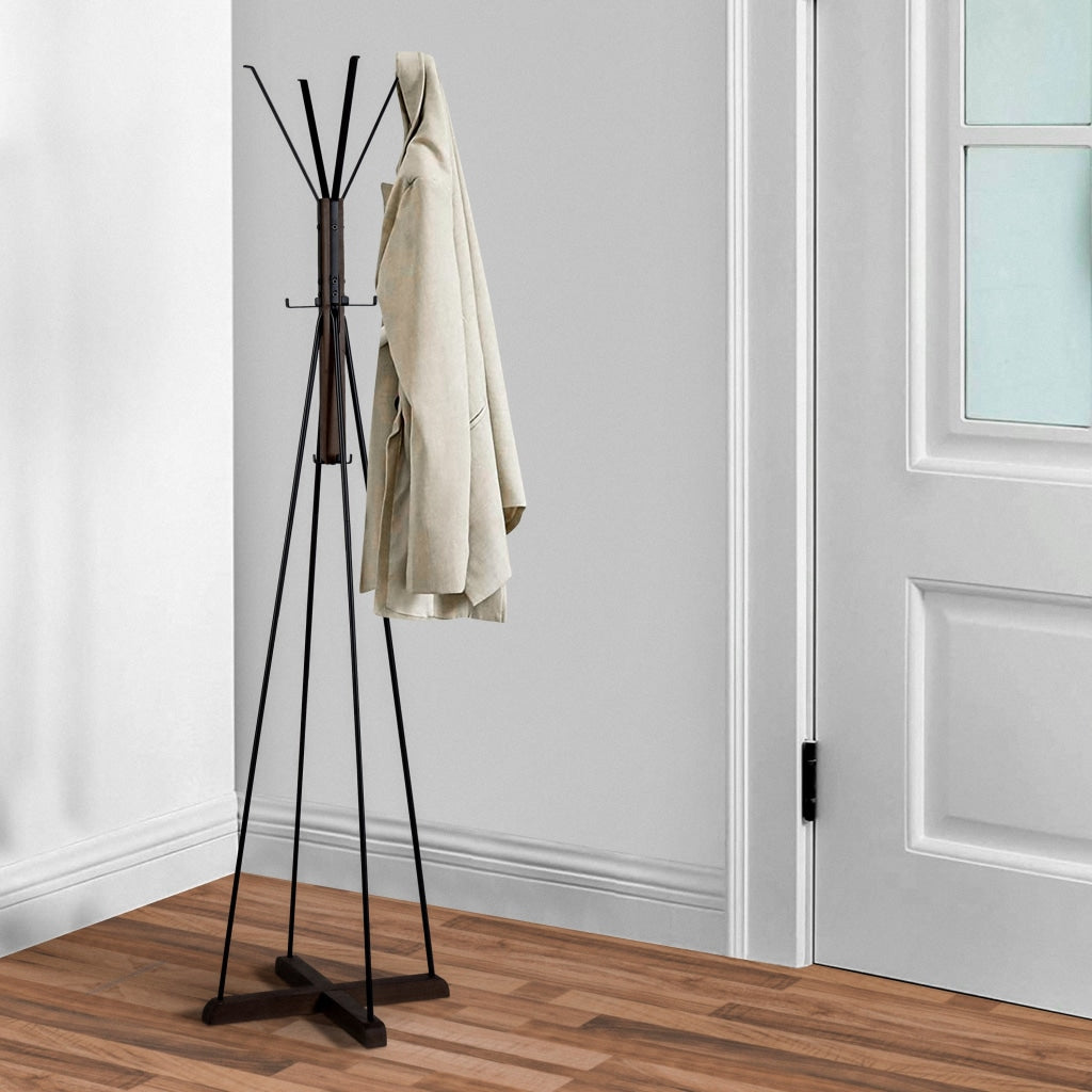 Holly 71 Inch Standing Wooden Coat Rack with Multiple Hooks Hangers, Reclaimed Wood and Iron, Brown, Black By The Urban Port