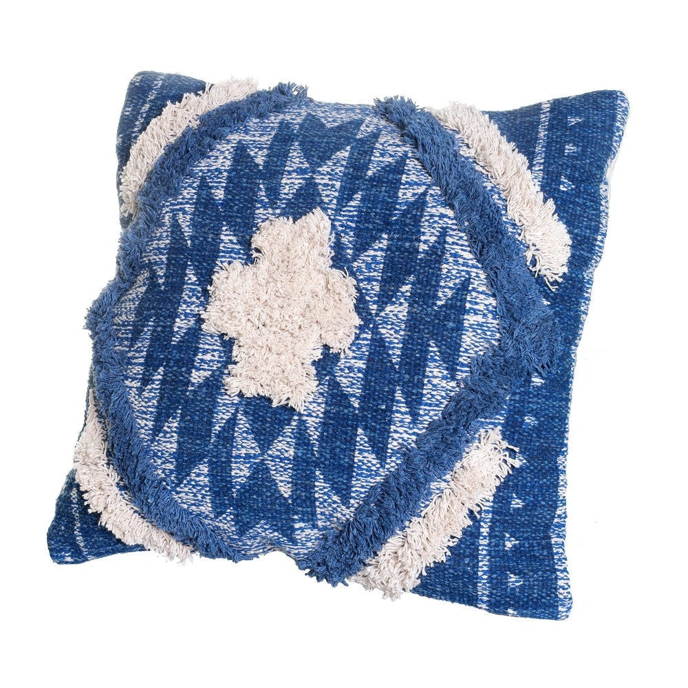 18 X 18 Handcrafted Shaggy Soft Cotton Accent Throw Pillow, Southwest Aztec Pattern, Blue and White By The Urban Port