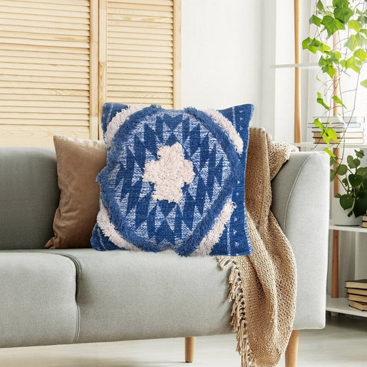 18 X 18 Shaggy Cotton Accent Throw Pillows, Southwest Aztec Pattern, Set of 2, Blue, White By The Urban Port
