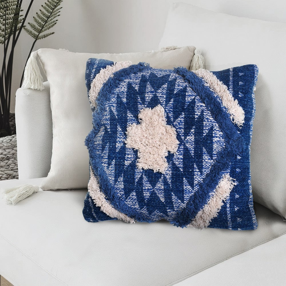 18 X 18 Handcrafted Shaggy Soft Cotton Accent Throw Pillow Southwest Aztec Pattern Blue and White By The Urban Port UPT-273452