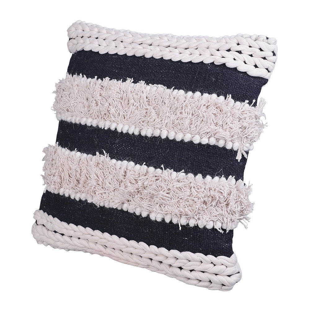 Adiv 18 x 18 Handcrafted Soft Shaggy Cotton Accent Throw Pillow, Handknit Yarn, White, Black By The Urban Port