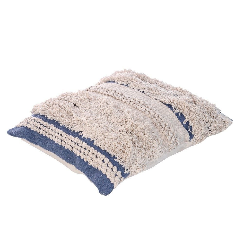 18 x 18 Handcrafted Soft Shaggy Cotton Accent Throw Pillow Woven Yarn Beige Blue By The Urban Port UPT-273460
