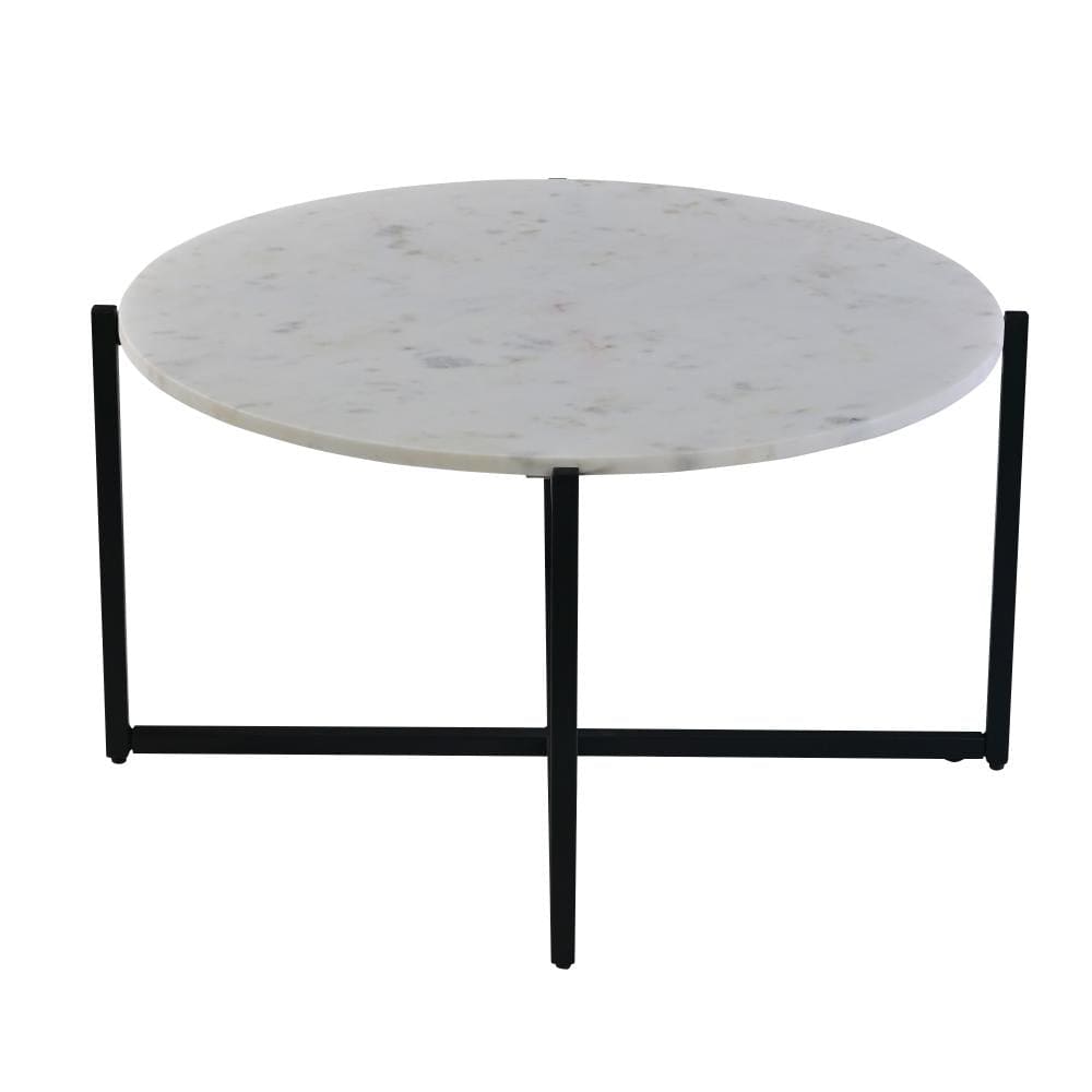 Ivy 30 Inch Marble Top Round Coffee Table with Metal Frame White and Black By The Urban Port UPT-273474