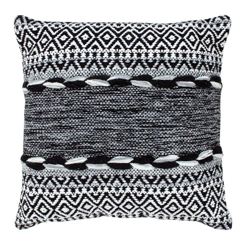 18 x 18 Jacquard Square Decorative Cotton Accent Throw Pillow with Soft Boho Tribal Pattern, Black, White By The Urban Port