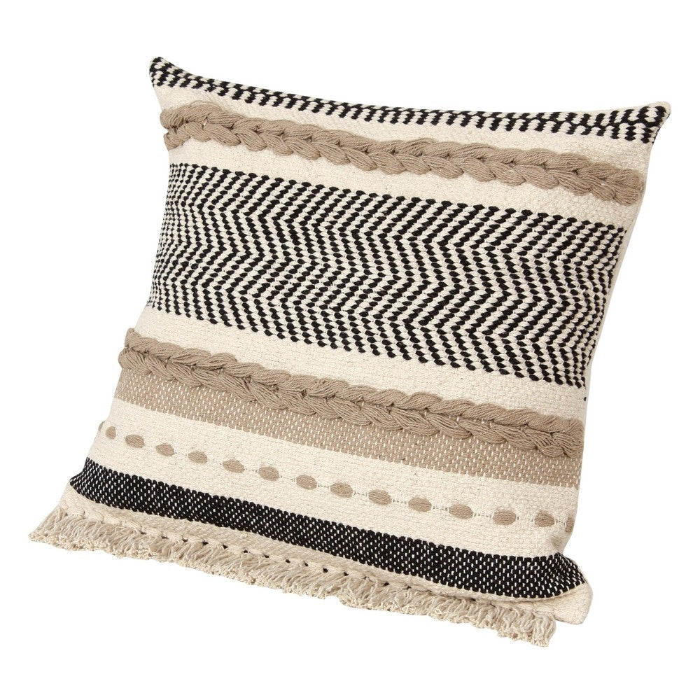 18 x 18 Square Cotton Bohemian Style Decorative Accent Throw Pillow with Herringbone Pattern, Beige, Black By The Urban Port