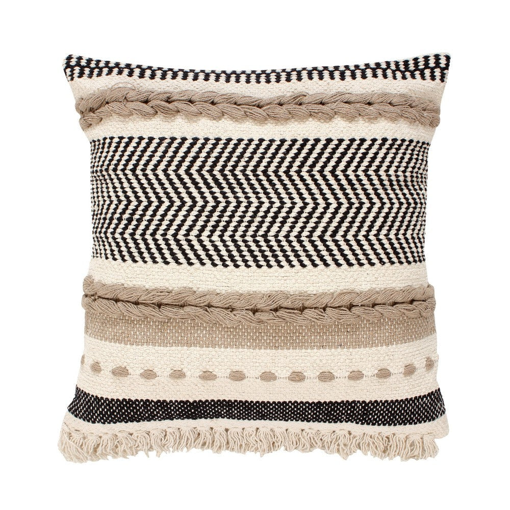 18 x 18 Square Cotton Bohemian Style Decorative Accent Throw Pillow with Herringbone Pattern Beige Black By The Urban Port UPT-273481