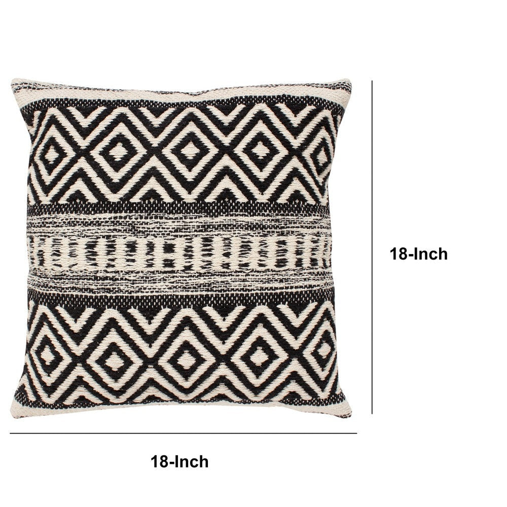 18 x 18 Jacquard Square Cotton Sham Accent Throw Pillow with Boho Diamond Pattern Black White By The Urban Port UPT-273483