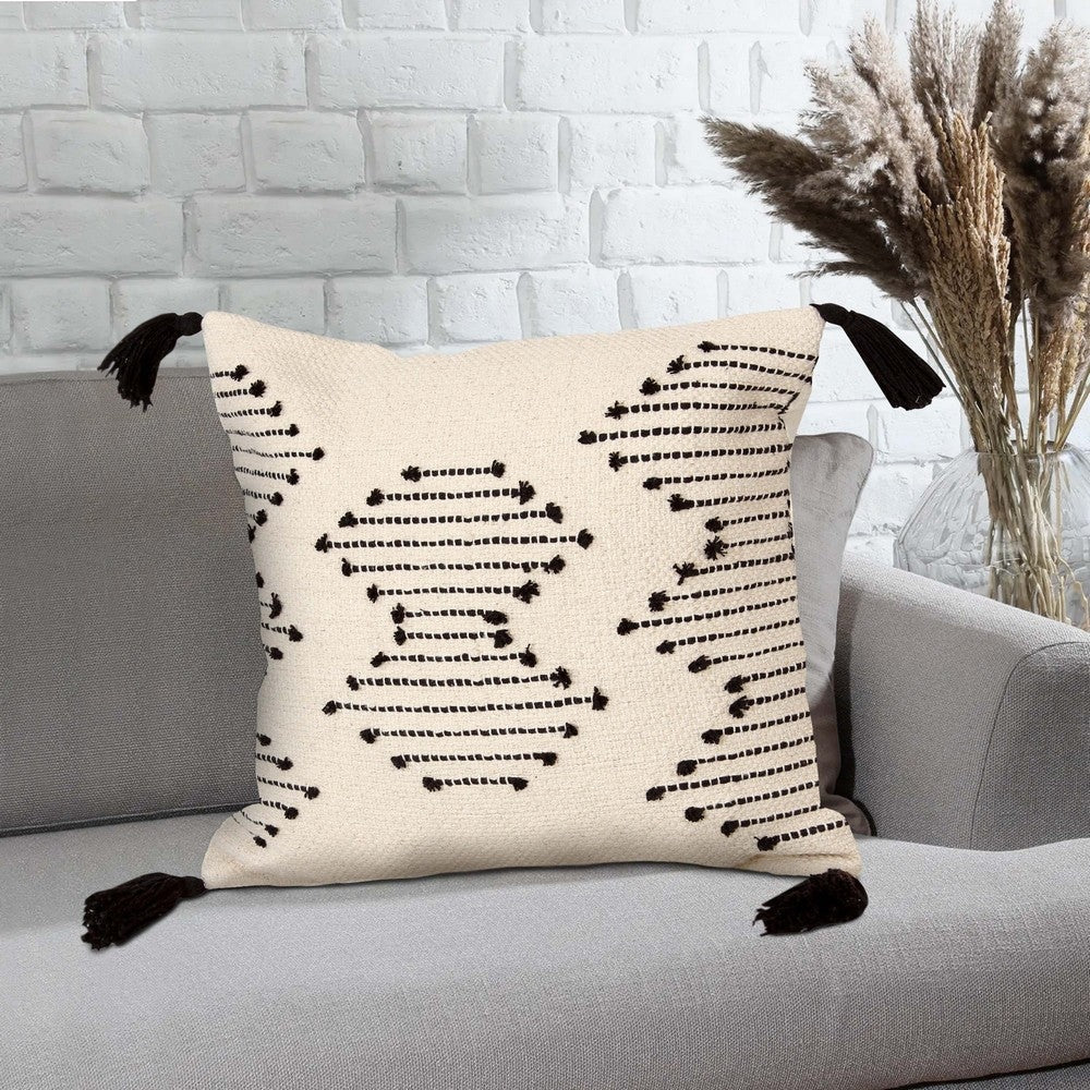 18 x 18 Square Cotton Accent Throw Pillow Abstract Line Art Bohemian Style Tassels White Black By The Urban Port UPT-273485