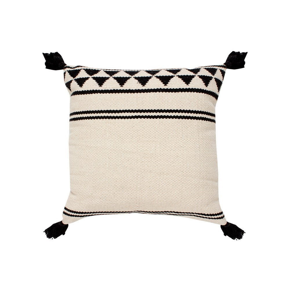 18 x 18 Square Cotton Accent Throw Pillow with Simple Striped Pattern and Tassels White and Black By The Urban Port UPT-273486