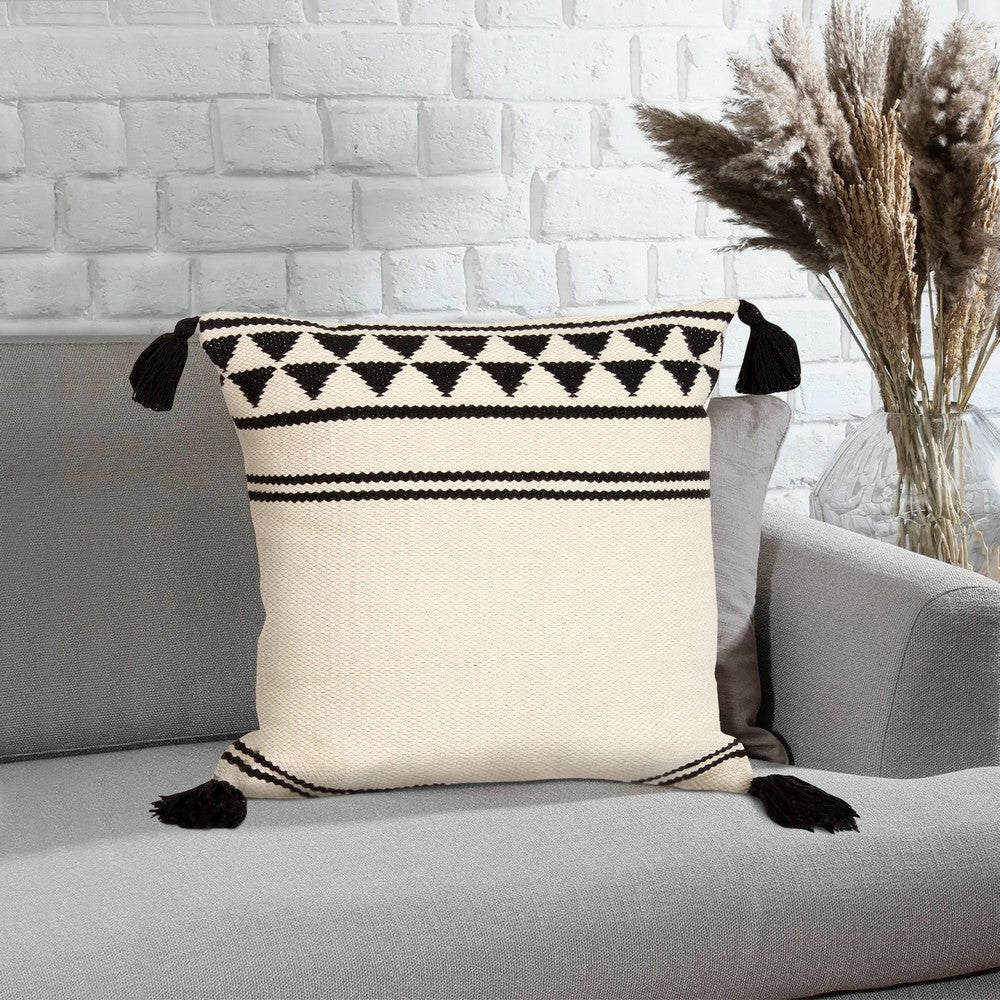 18 x 18 Square Cotton Accent Throw Pillow with Simple Striped Pattern and Tassels White and Black By The Urban Port UPT-273486