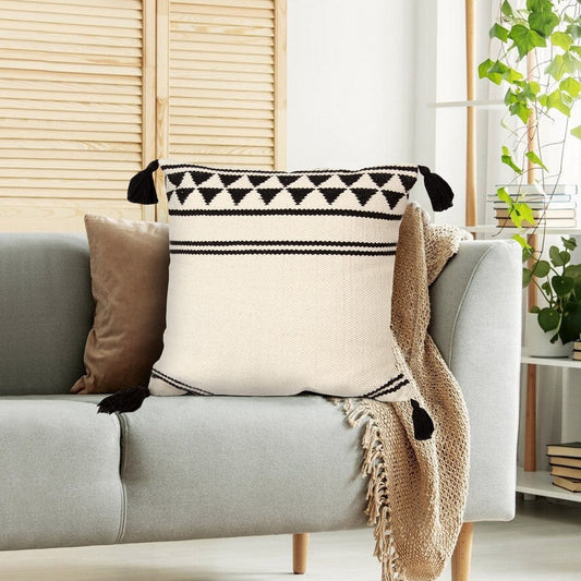 18 x 18 Square Cotton Accent Throw Pillow with Simple Striped Pattern and Tassels, Set of 2, White and Black By The Urban Port