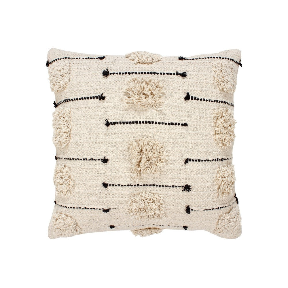 18 x 18 Square Cotton Accent Throw Pillow Trimmed Shaggy Fringe Accents Beige Black By The Urban Port UPT-273488