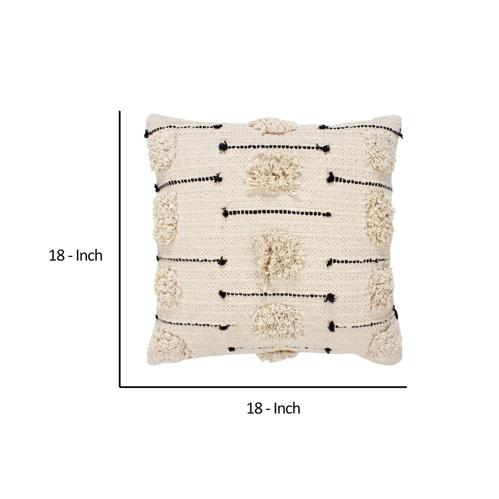 18 x 18 Square Cotton Accent Throw Pillow Trimmed Shaggy Fringe Accents Beige Black By The Urban Port UPT-273488