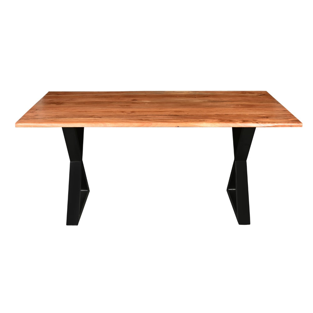 67 Inch Rectangular Dining Table with Crossed Black Metal Legs and Natural Brown Faux Live Edge Acacia Wood Top By The Urban Port UPT-273760