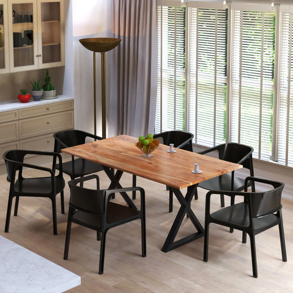 67 Inch Rectangular Dining Table with Crossed Black Metal Legs and Nat ...