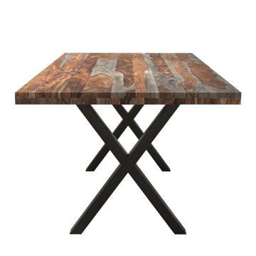 70 Inch Handcrafted Dining Table Solid Rosewood Rectangular Top with X Shape Iron Legs 2 Tone Brown and Black By The Urban Port UPT-273761