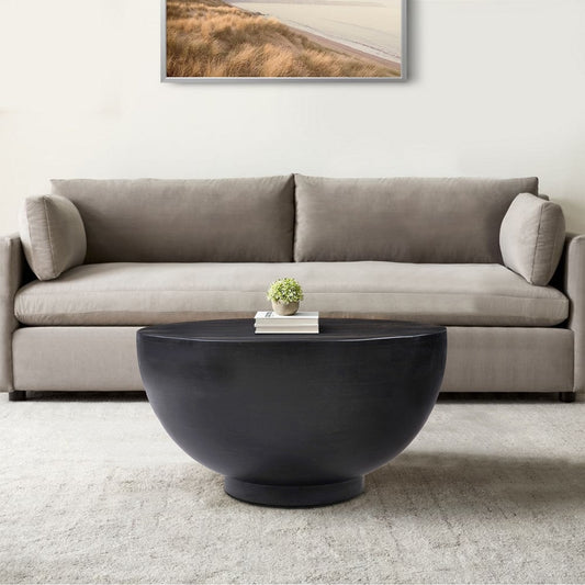 30 Inch Modern Art Coffee Table, Round Drum Shape, Solid Mango Wood, Matte Black By The Urban Port