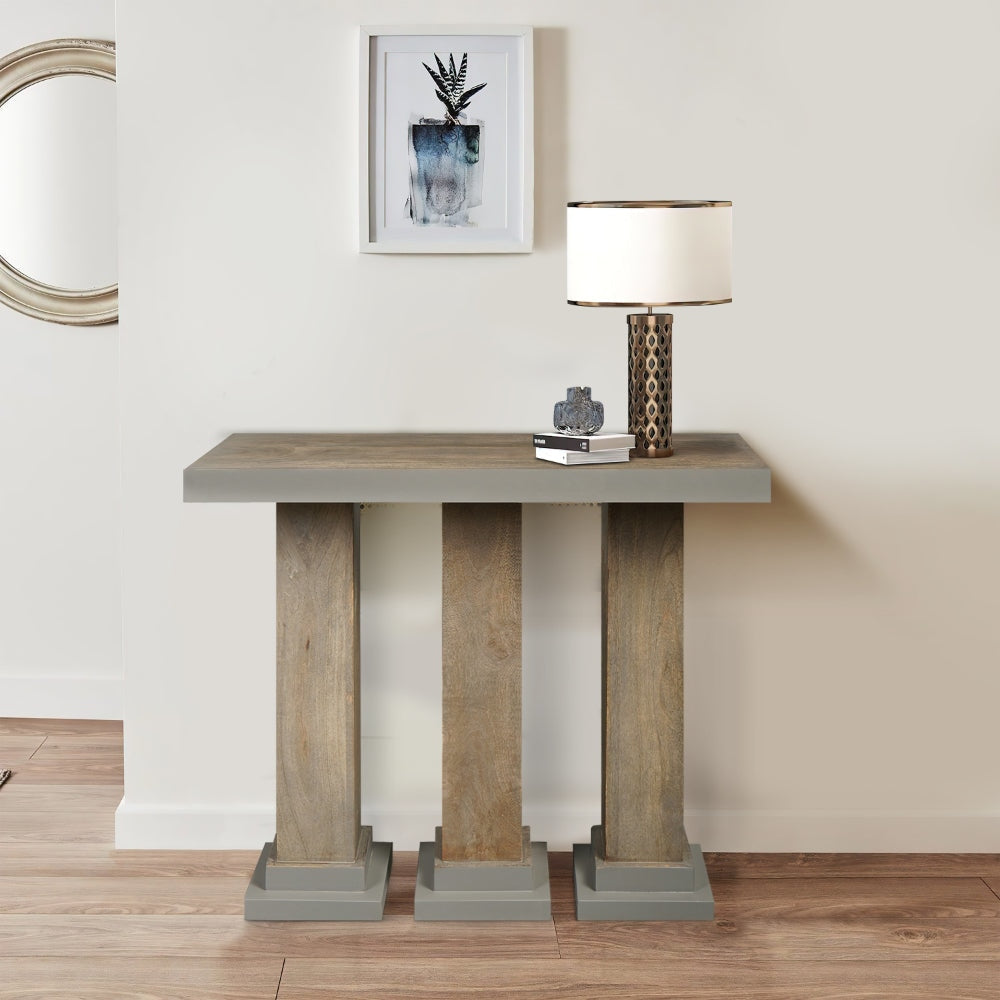 35 Inch Handcrafted Console Table, Solid Mango Wood with Pillar Style Legs in Rustic Brown Finish By The Urban Port