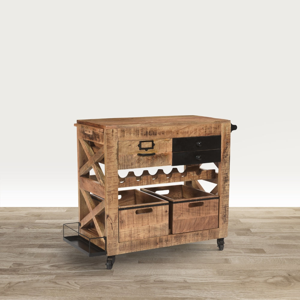 31 Inch Handcrafted Rustic Mango Wood Bar Cart Trolly with 3 Drawers and 6 Wine Bottle Holders By The Urban Port UPT-276564