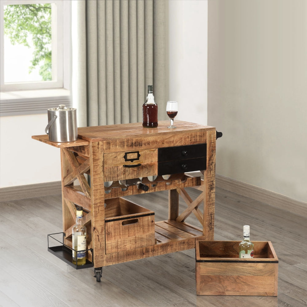 31 Inch Handcrafted Rustic Mango Wood Bar Cart Trolly with 3 Drawers and 6 Wine Bottle Holders By The Urban Port