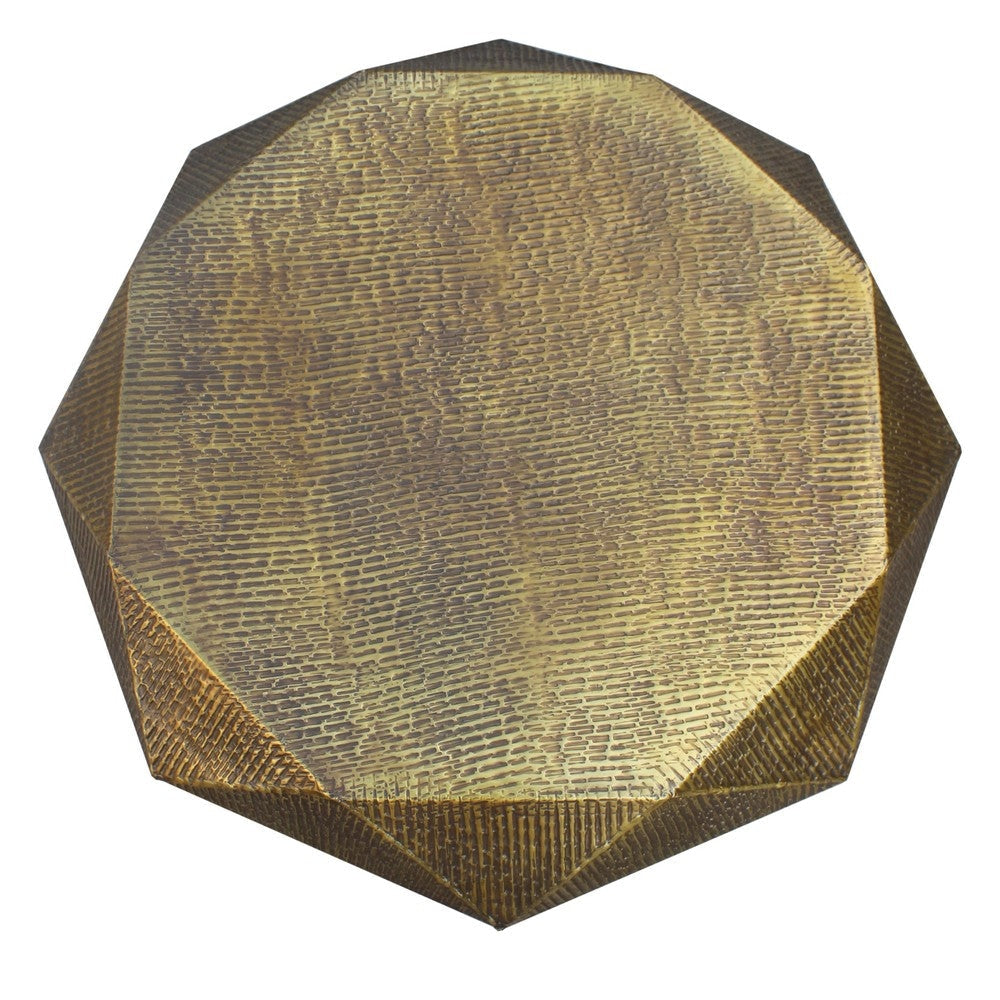 36 Inch Diamond Shape Drum Coffee Table Octagon Top Faceted Textured Sides Aluminum Antique Brass By The Urban Port UPT-276797